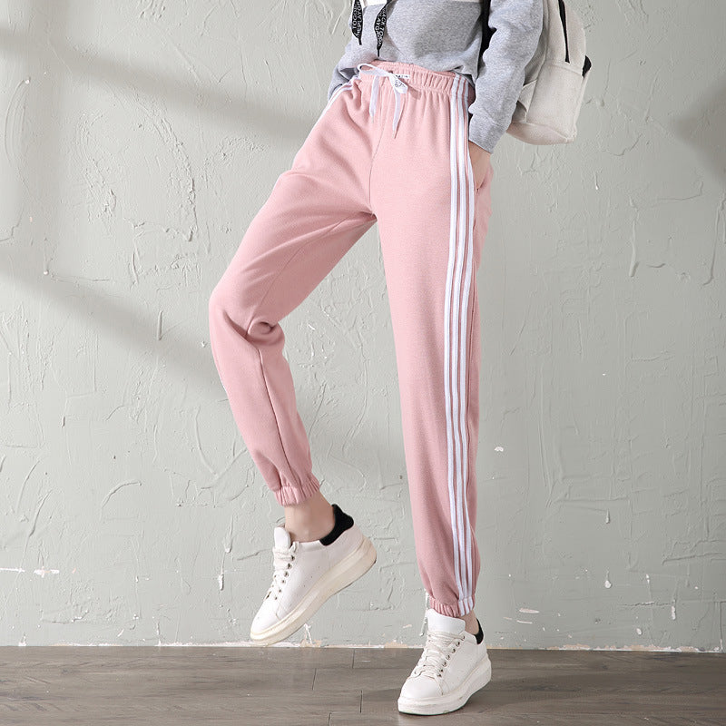 With velvet sport watch in autumn and winter winter female big fat code MM student casual pants loose warm nosing trousers Pink